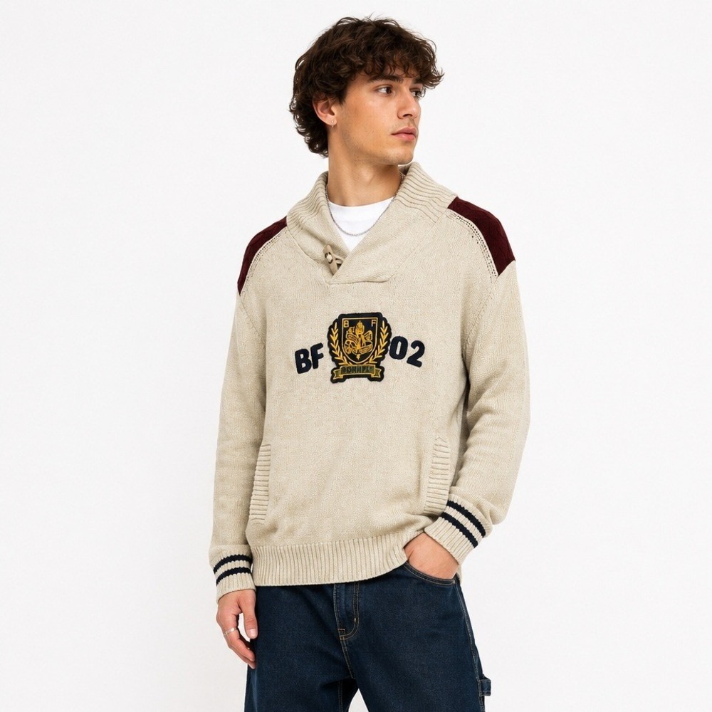 Born Fly Shawl Collar Sweater Men's L Cream Crest Varsity Preppy Collegiate